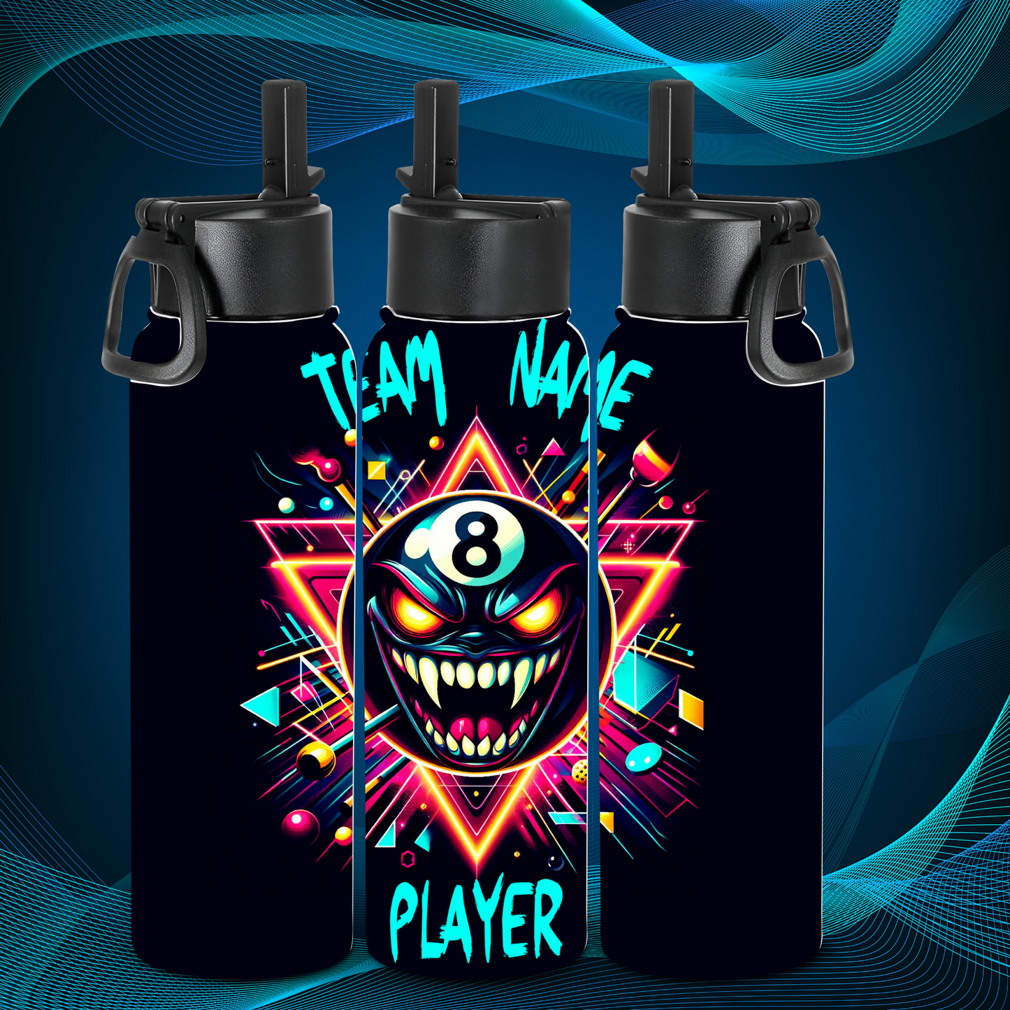 Tumbler - 8 Ball vamp - Black with Aqua - Team Name/Player Name