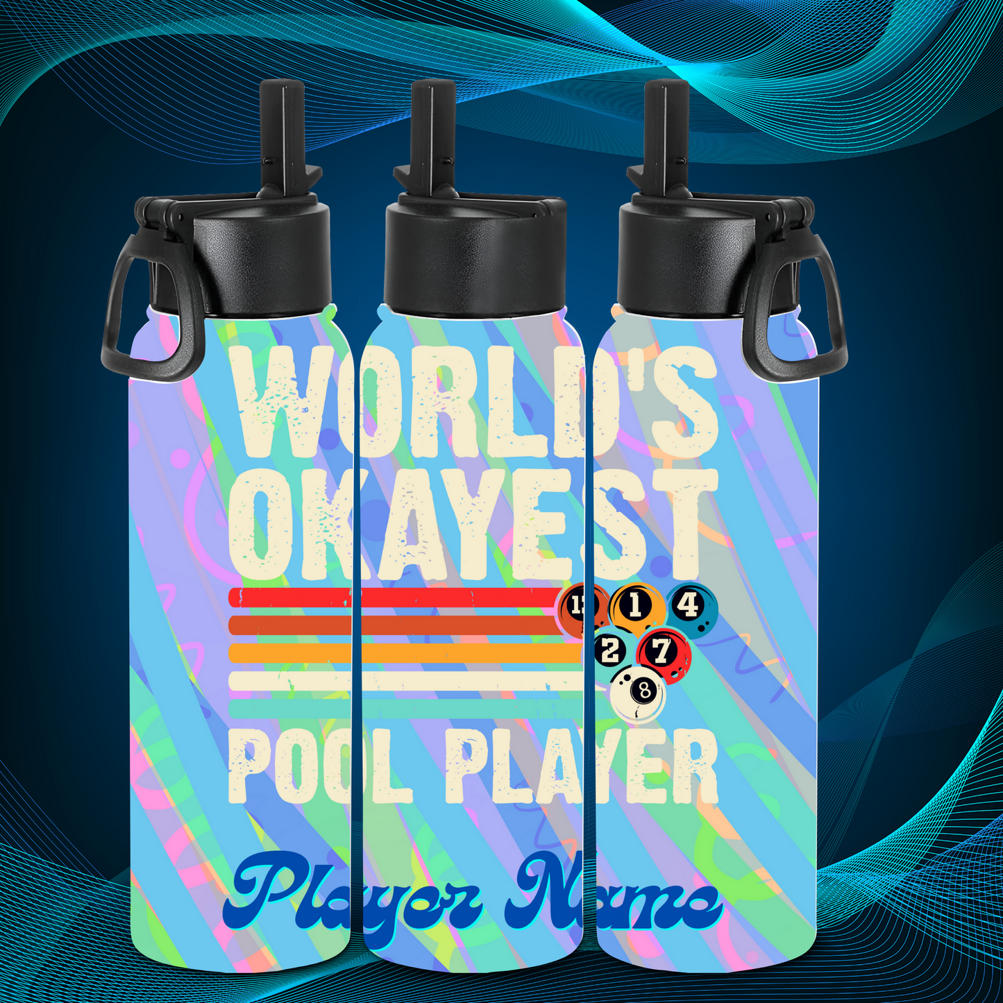 Tumbler - Worlds Okayest Pool Player - colorful background - player name