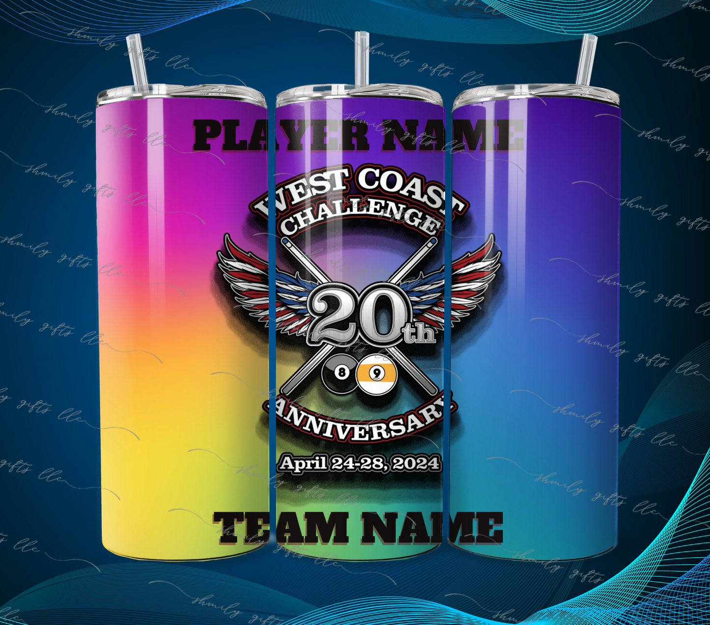 Tumbler - WCC rainbow background - Team & Player Name on top/bottom