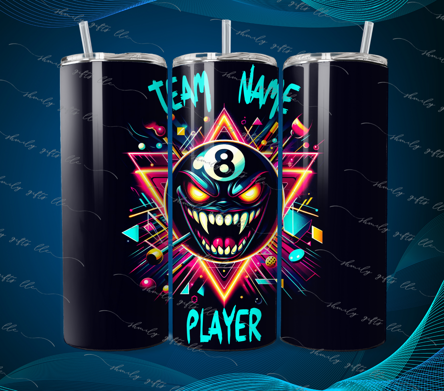 Tumbler - 8 Ball vamp - Black with Aqua - Team Name/Player Name